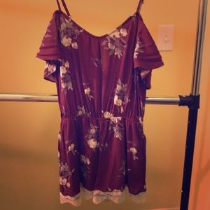 Red floral peep shoulder romper